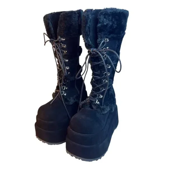 Demonia Bear-202 Black Faux Fur Vegan Suede Platform Boots Cyber Goth Size 6 NIB - Picture 4 of 13